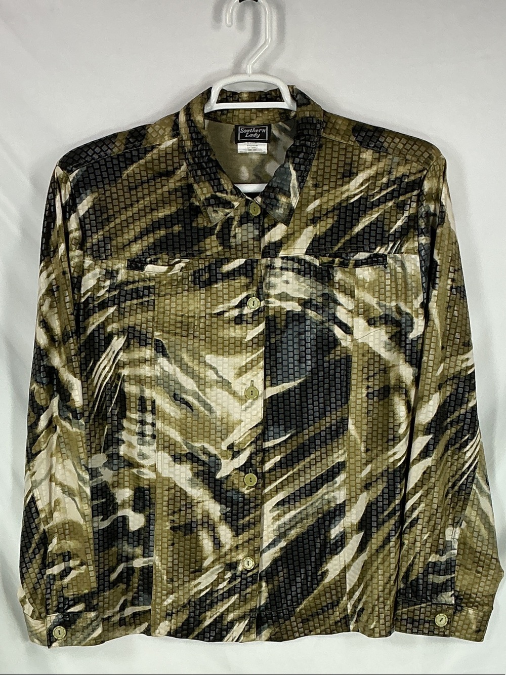Southern Lady Olive, Black & Cream Patterned Button-Down Shirt